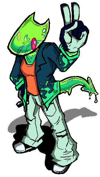 This is Gloopert. Hi Gloopert! a green humanoid slime creature dressed in snazzy clothes