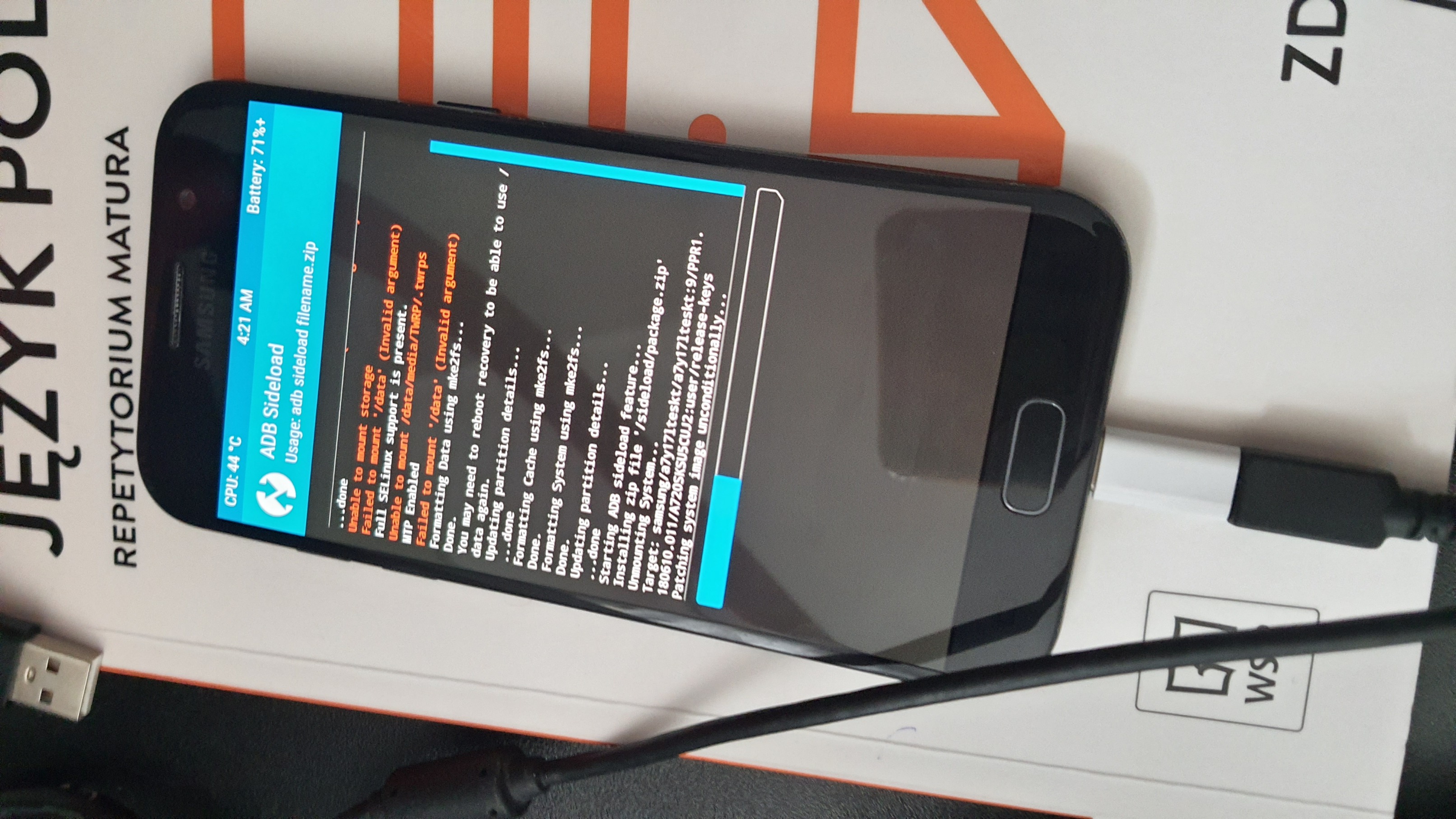 the same smartphone, showing the installation screen for LineageOS.